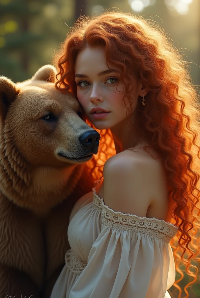 (photorealism:1.2), beautiful woman, wearing loose off-shoulder top, long curly red haïr, soft lighting, relaxed pose, realistic, intricate details, warm colors, qui est en train de dresser un ours