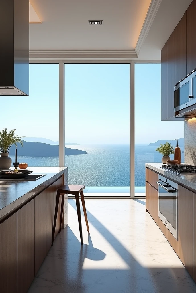 (masterpiece:1.2, Highest quality, Ultra-high resolution, Very detailed, Realistic, RAW Photos:1.2, Elaborate photos), 8k, wallpaper, (Ray Tracing), Santorini villa, (State-of-the-art kitchen with marble countertops, Central island with bar seating, Sleek stainless-steel appliances, Sea view through large windows), A photo that embodies the luxurious and modern design of a gourmet kitchen, blending functionality with high-end aesthetics, and offering a picturesque view while cooking.