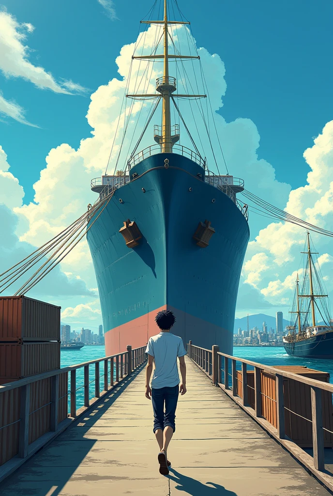 A man takes gangway to the ship anime style art landscape