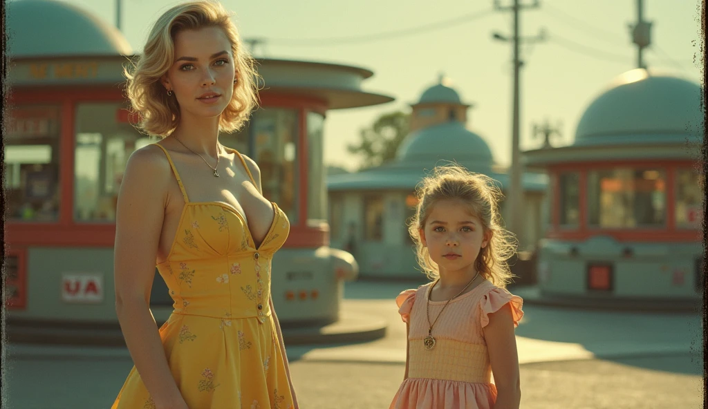 (Masterpiece.UHD.photorealistic og photography. Polaroid style.40/50/60´s look) an ultra hot gorgeous European woman.age 960´s random hairstyle blonde hair, voluptuous curvy figure, perfect round cleavage.ps. Round Baby face. Huge natural breasts (100 de searing 40/50´s clothes. In a dystopian retro futuristic world. She’s a mom with her daughter in front a mini market. 1930 clunky robots. early morning light.