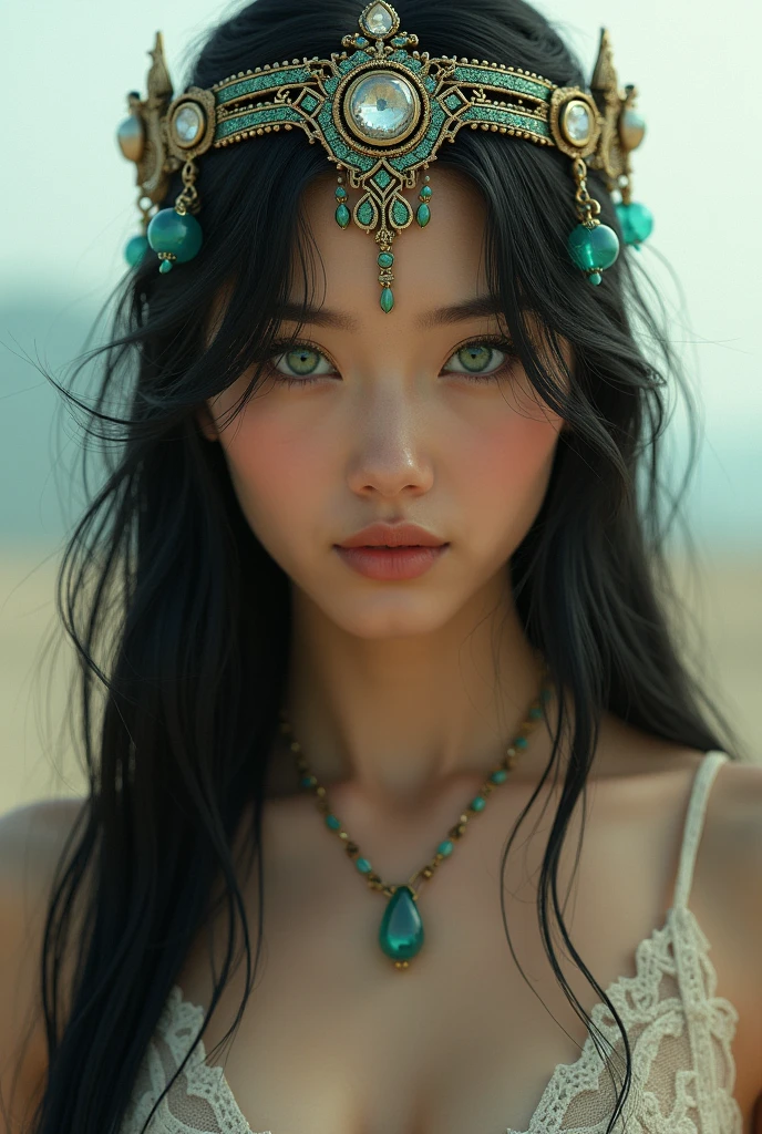 green eyes, waist-length black hair, detailed face, detailed skin, delicate headdress, open space, masterpiece, Best Quality, fancy, parametric, vibrant colors, wide shot bokeh, photorealistic, cinematographic, (gigantic chest:1.2)