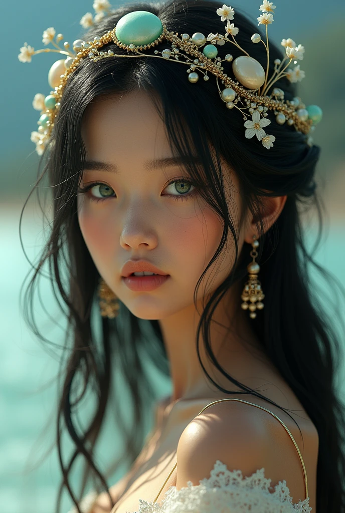 green eyes, waist-length black hair, detailed face, detailed skin, delicate headdress, open space, masterpiece, Best Quality, fancy, parametric, vibrant colors, wide shot bokeh, photorealistic, cinematographic, (gigantic chest:1.2)