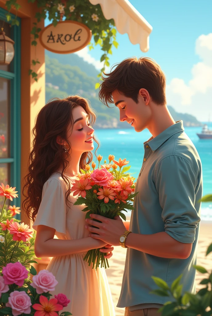 A girl with long curly hair and her boyfriend are arranging flowers in front of a flower shop by the sea. Portraits near the shop. They are happy, happy, a cute guy.