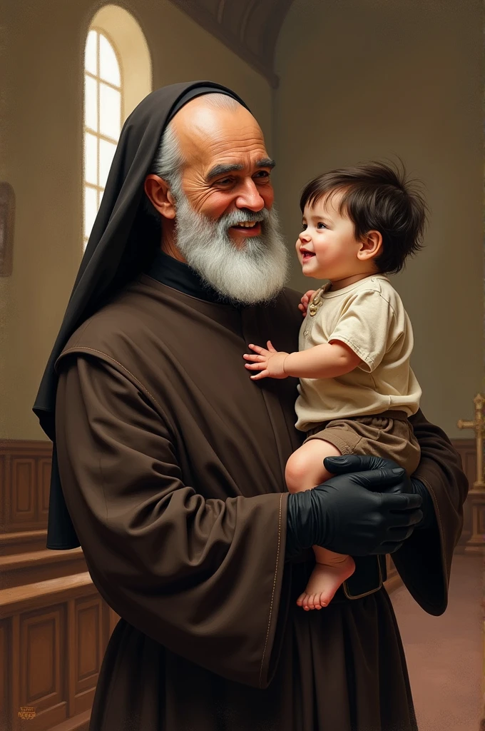 Create a traditional drawing of a Padre Pio wearing a brown habit, white beard and black gloves with a loving look, inside the church with a 2  with dark brown hair and white skin. 
