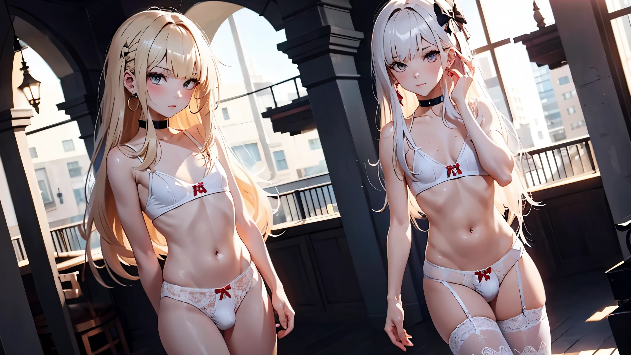 fullnude、(boy crossdresser:1.3), (transvestite:1.3), boys in girls lingerie in a courtyard, young male in girls' underwear, (sissy boys:1.3), (bulge in panties:1.3), traps, cute bow, pubic hair, shy small smile, (FLATCHESTED:1.3)、male chest, flat chest, superflat chest, (one embarrassed boy in lingerie), white lace bra size 0, zero breast size, blunt bangs, Shiny hair, Delicate beautiful face, deep eyes, White skin, earrings, slender legs, Enjoys dressing up as a girl, choker, bulge in panties