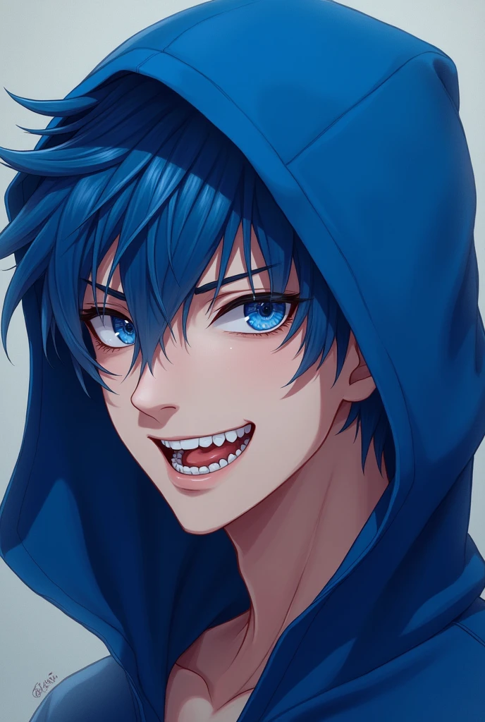 Anime male with blue hair and blue eyes smiling seductively with sharp teeth wearing black hoodie over head