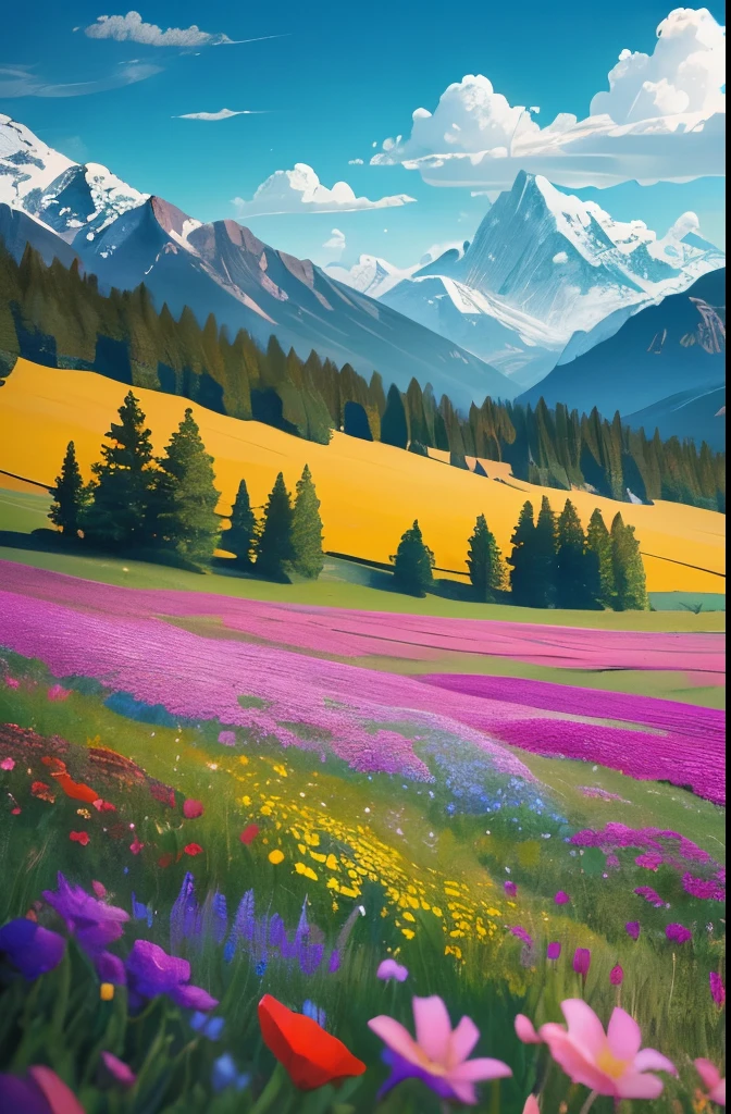 flowers in a field with mountains in the background, a digital rendering by Jim Nelson, flickr, land art, wildflowers, colorful wildflowers, field of wild flowers, field of mixed flowers, vast lush valley flowers, fields of flowers, field of flowers, an aesthetic field of flowers, southern wildflowers, wildflowers and grasses, meadows, beautiful scenery, wild flowers