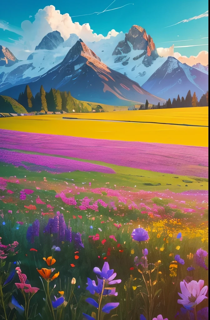 flowers in a field with mountains in the background, a digital rendering by Jim Nelson, flickr, land art, wildflowers, colorful wildflowers, field of wild flowers, field of mixed flowers, vast lush valley flowers, fields of flowers, field of flowers, an aesthetic field of flowers, southern wildflowers, wildflowers and grasses, meadows, beautiful scenery, wild flowers
