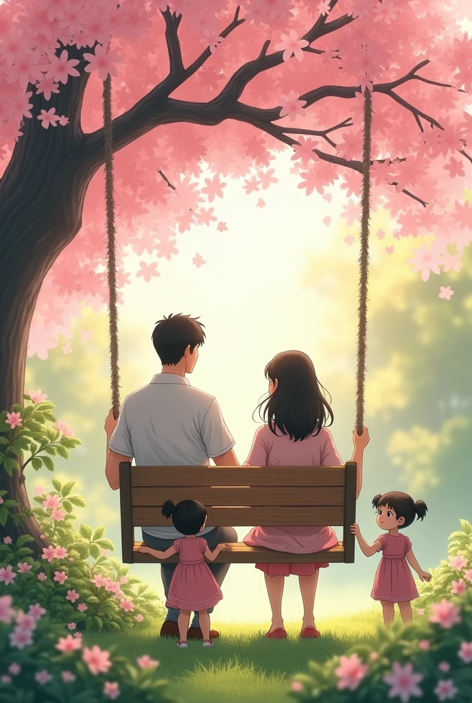 Husband and wife with twins in a garden under a Sakura tree, the wife sitting on a swing