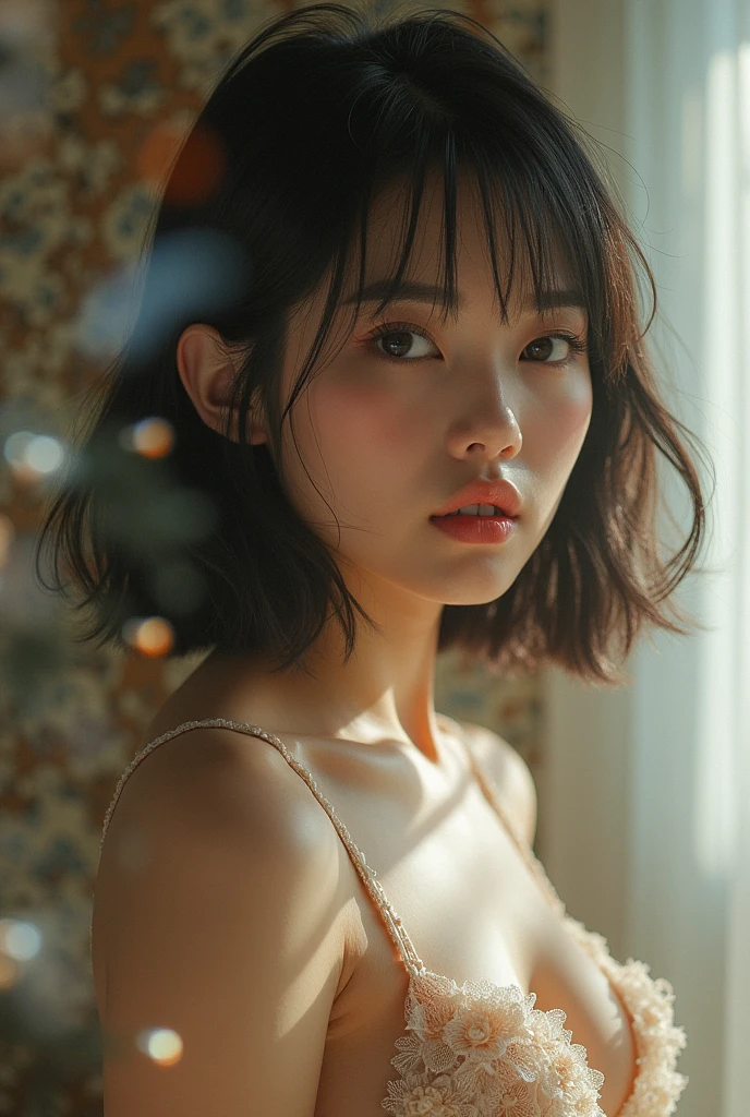 Edit Photos,Highly detailed background,Ultra-realistic,Double exposure,Depth of written boundary,Perfect Style,Straight hair,short cut bangs,lingerie