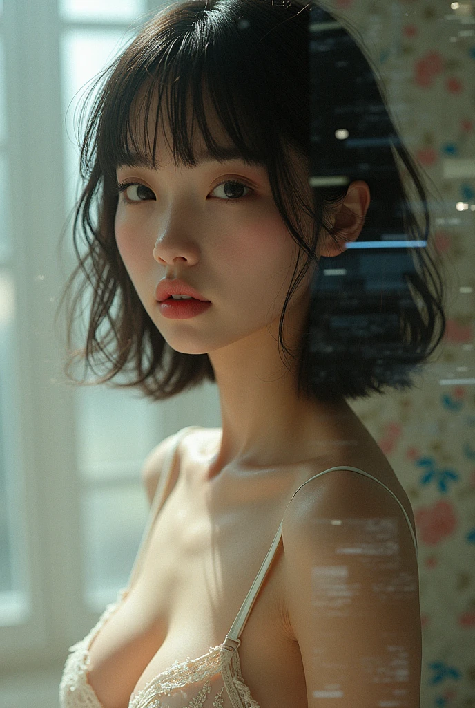 Edit Photos,Highly detailed background,Ultra-realistic,Double exposure,Depth of written boundary,Perfect Style,Straight hair,short cut bangs,lingerie