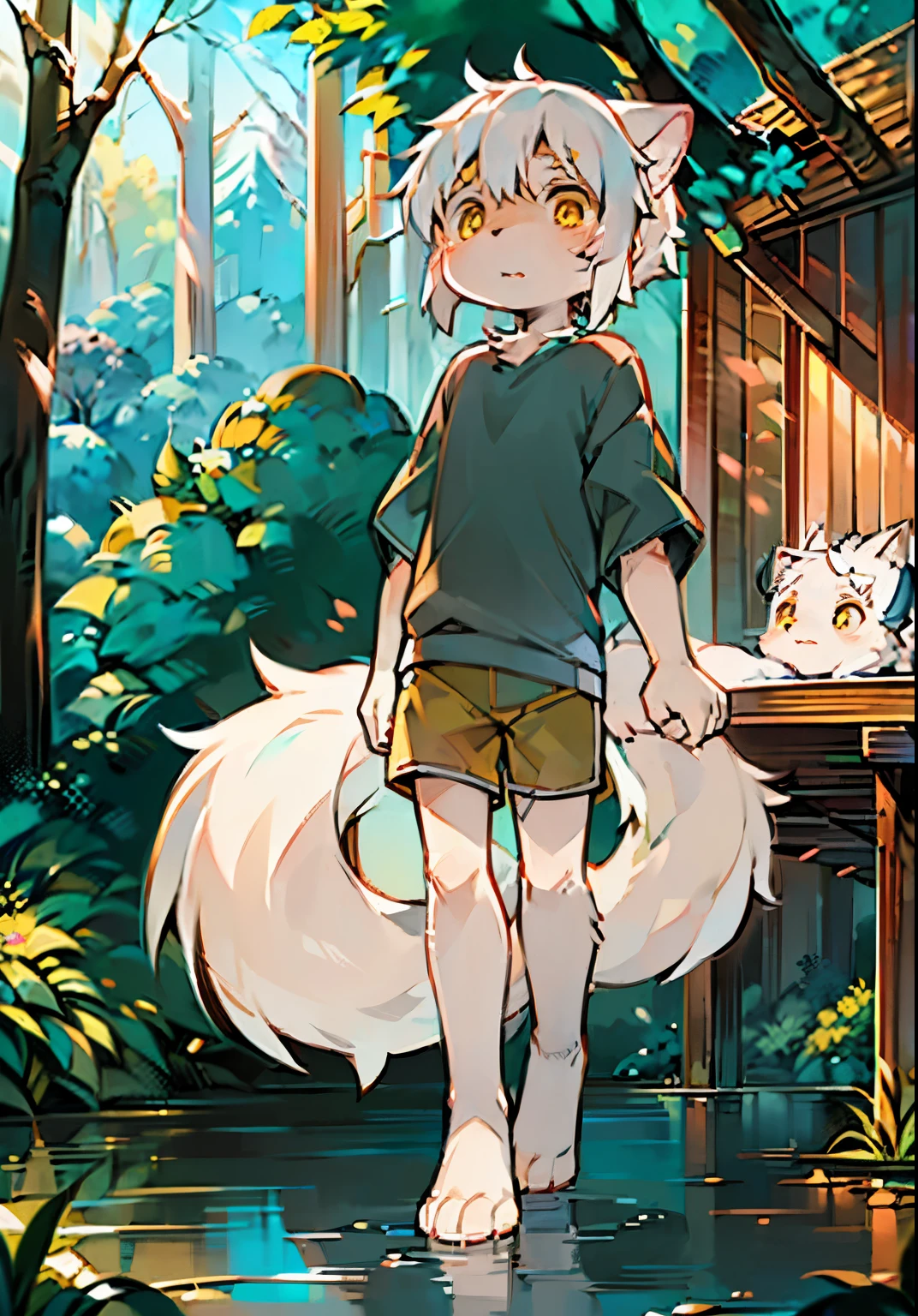 (Bright Environment: 0.8), Masterpiece, High Quality, Abstract Res, Digital Painting\(artwork\), by Dagasi, Cuihongshi, Yupa, Kiyosan, (Anthro, Fluffy Fur, Character Focus: 1.1), Anthro Male Cat, Short hair,portrait, bright eyes, panorama, character focus. (Detailed background: 0.7), Furry, Furry male, Male focus, Anthr, (full body fur, fluffy tail, white fur, yellow eyes, white hair: 1.2), (long canine, handsome, shorts, short sleeves, white goggles: 1.2), (outdoor, midday, forest, riverside: 1.1)