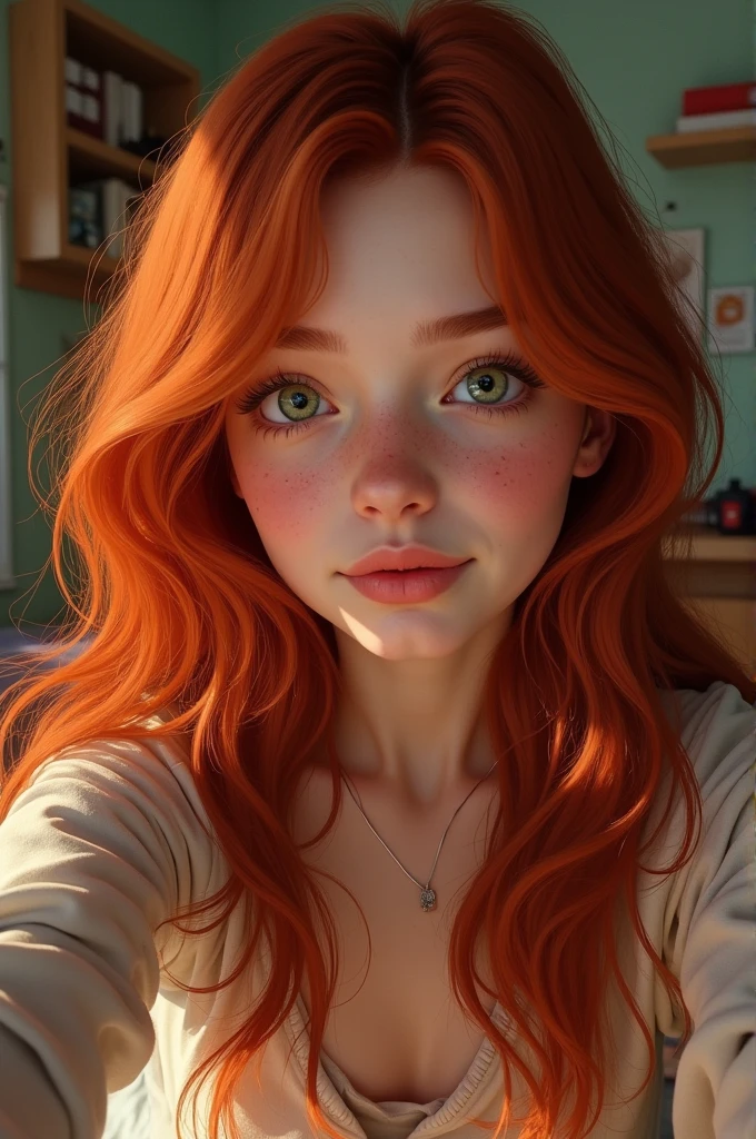 Selfie of a redhead teenage girl with realistic wavy hair in her room