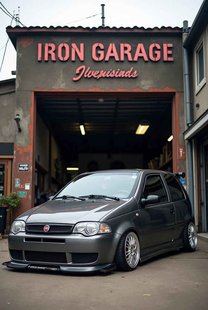 Fiat Palio lowered in front of a workshop named IRON GARAGE 