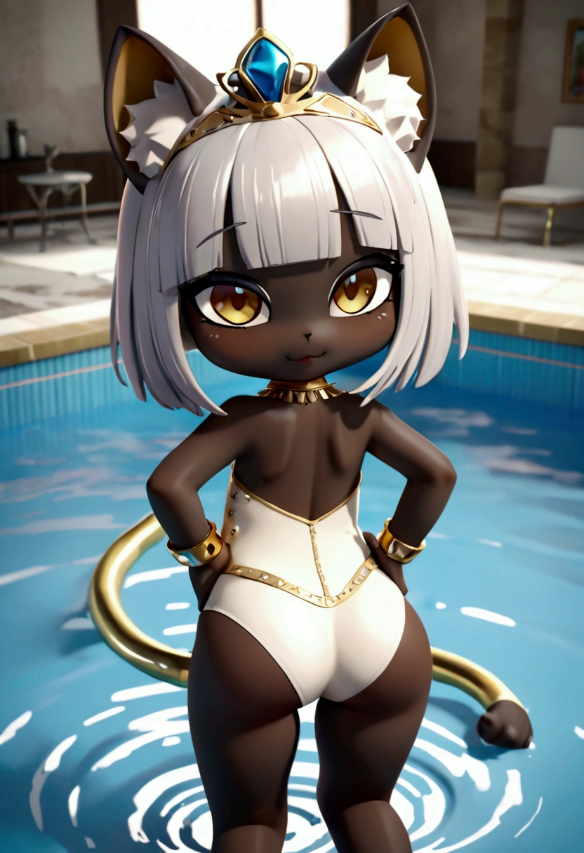 Beautiful, shiny black skin, chibi, (female feline Lv 9), silver hair, gold eyes, small and perky breasts, gran ASS alegre, long feline tail, choker, payment tiara, Gold bracelets and anklets, White latex leotard, naughty face, shy smile, hands on her hips, Pose genial, in front of a swimming pool, in the royal bath room, 3D cartoon, cinematographic, dramatic, masterpiece, dynamic view, Whole body, (furry fantasy Lv 9) (Egyptian setting Lv 9), vagina, ASS, anal.