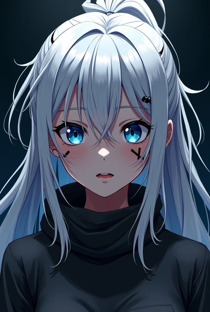 A sexy girl with long messy white hair in a ponytail with long bangs and blue eyes in a dark place in anime style with her mouth open and her hair having black streaks with dark gray clothes and having blood on some parts of her face 