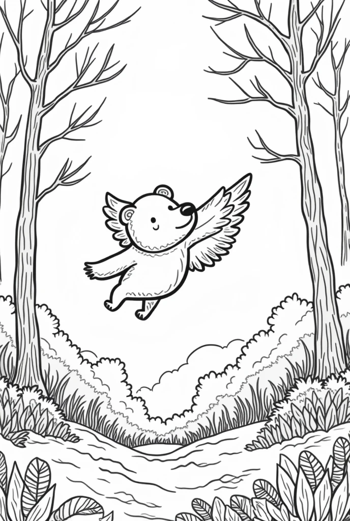coloring book of a bear dreaming about flying in the huge forest, no color, cartoon style, thick lines, strokes only, white background