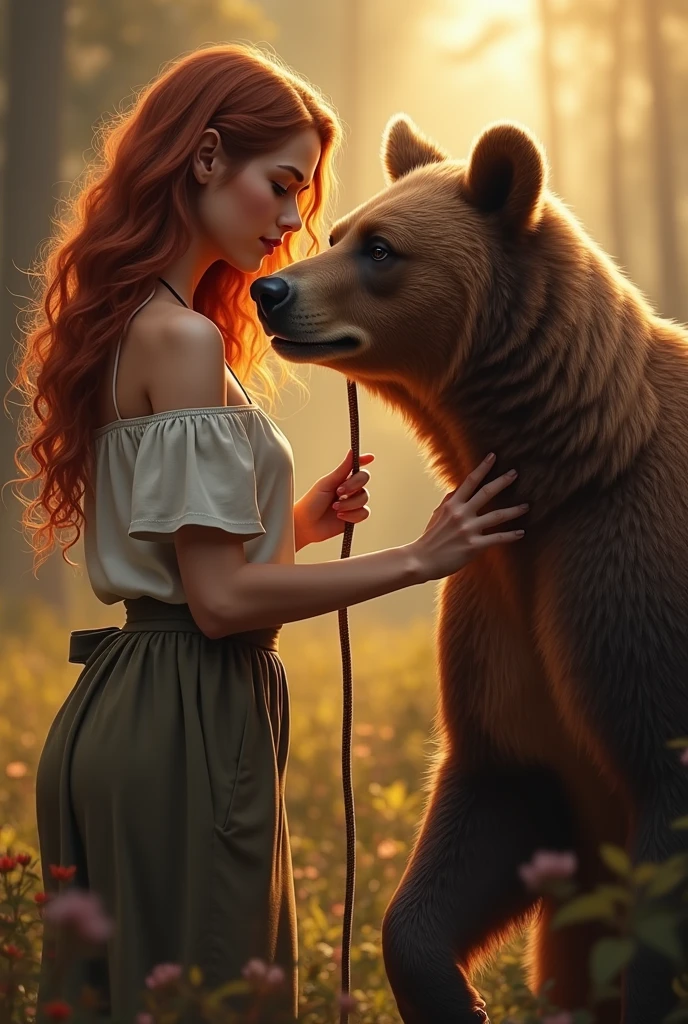 (photorealism:1.2), beautiful woman, wearing loose off-shoulder top, long curly red haïr, soft lighting, relaxed pose, realistic, intricate details, warm colors, qui est en train de dresser un ours avec une laisse