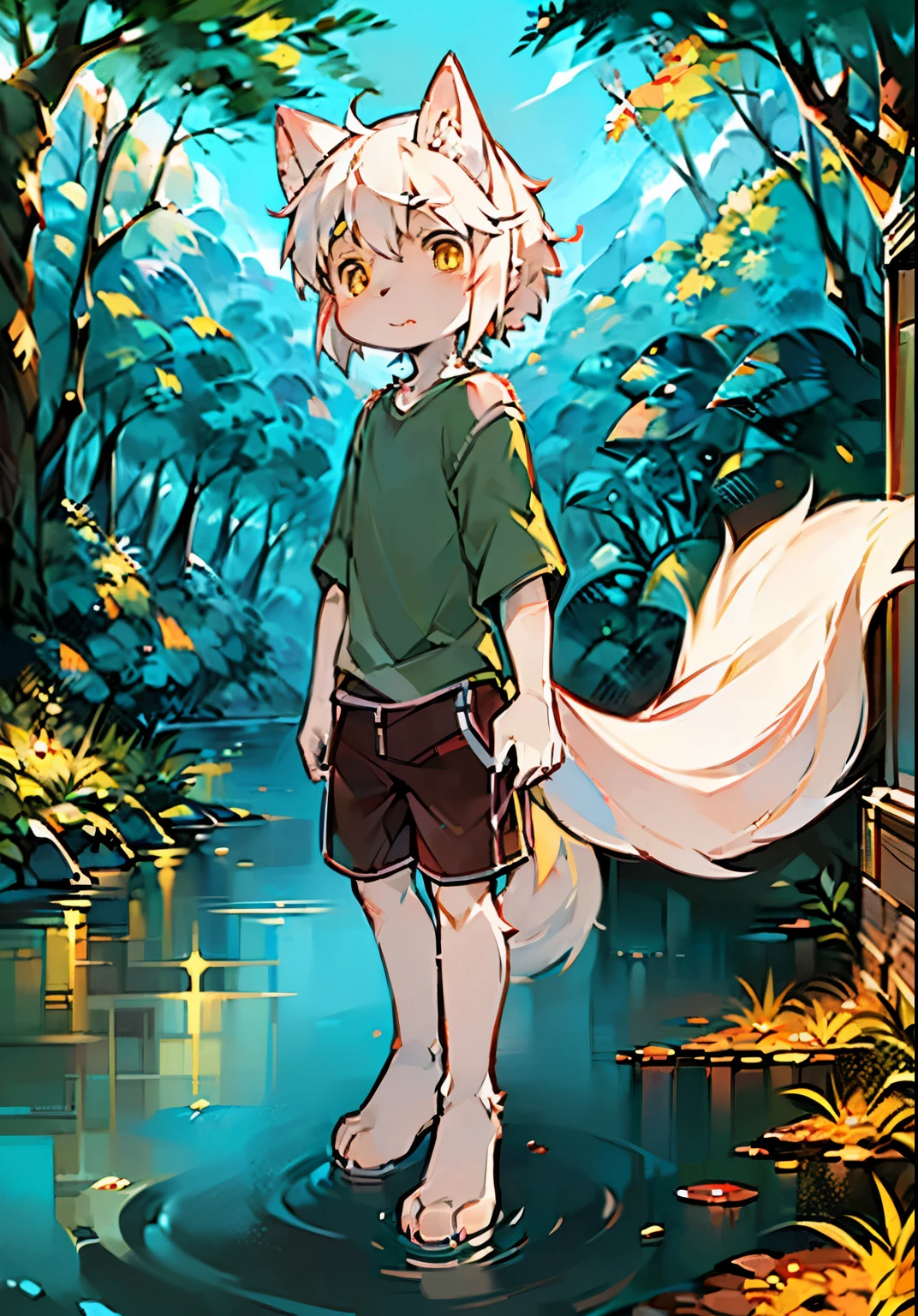 (Bright Environment: 0.8), Masterpiece, High Quality, Abstract Res, Digital Painting\(artwork\), by Dagasi, Cuihongshi, Yupa, Kiyosan, (Anthro, Fluffy Fur, Character Focus: 1.1), Anthro Male Cat, Short hair,portrait, bright eyes, panorama, character focus. (Detailed background: 0.7), Furry, Furry male, Male focus, Anthr, (full body fur, fluffy tail, white fur, yellow eyes, white hair: 1.2), (long canine, handsome, shorts, short sleeves, white goggles: 1.2), (outdoor, midday, forest, riverside: 1.1)