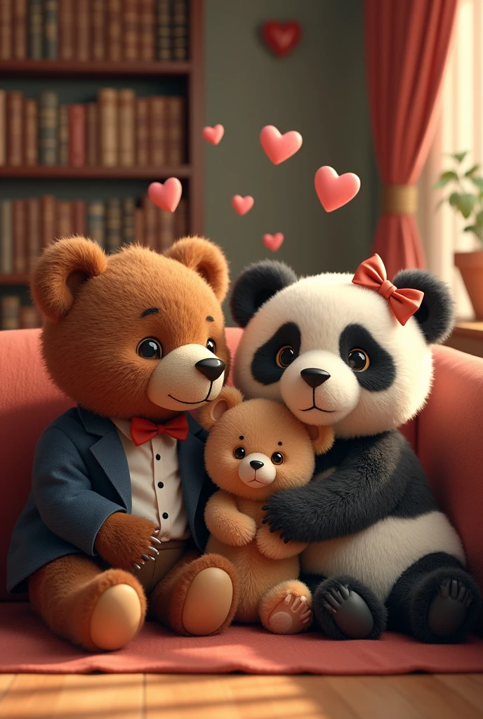 Bookcase in a room , British style, Late afternoon lighting, male brown bear with a bow tie, female panda bear with a satin bow on her head, teddy bear couple hugging in spotlight, Amemos, floating hearts, Plush eyes, PICTURE REALISTIC, 4k photo