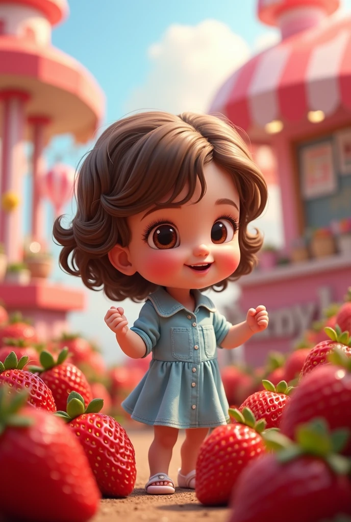 pixar animation: 1 year old baby, Wavy brown hair, Brown eyes, White skin, Light blue shirt dress Surrounded by lots of strawberries with a lively strawberry and cream stand