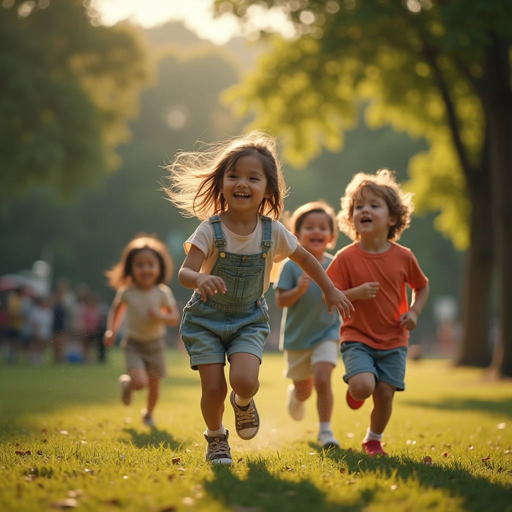 children playing in the park, his carefree smile infecting everyone around him. Using motion capture techniques to record children's innocent and joyful moments. Beautiful cinematic lighting, surreal, color graded, dynamic movement, captivating chiaroscuro, (special effects:0.1), full body, award-winning, cinematic still, emotional, vignette, dynamic, vivid, (masterpiece, best quality, photorealistic, Professional, perfect composition, very aesthetic, absurdres, ultra-detailed, intricate details:1.3)