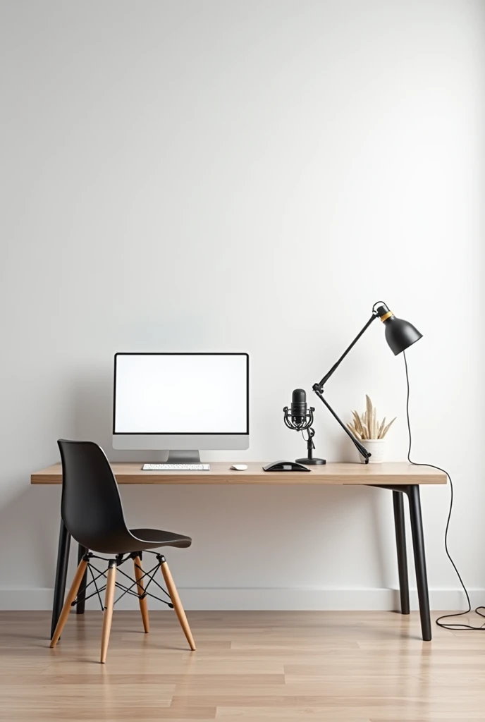 Create a empty studio with a mic and pc full animated from the shoulder level some distance level from the table