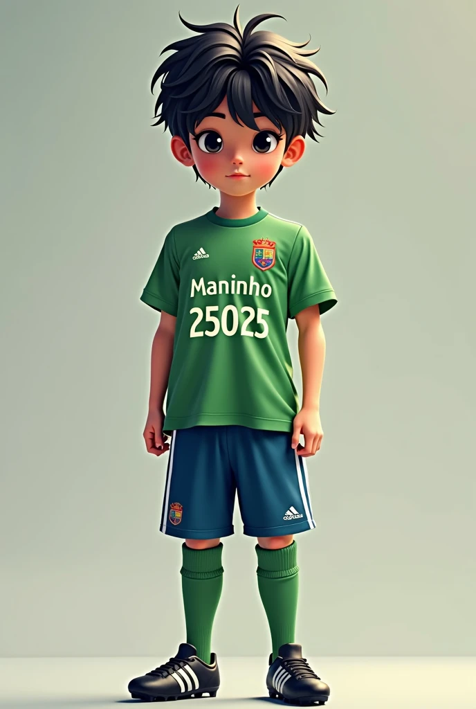 Create an image of a thirteen year old with black hair and small bangs. The is relatively high, wearing a green shirt with the name MANINHO and the number 25025 below the name MANINHO, blue pants, long green knee-high socks and Adidas F50 football boots.