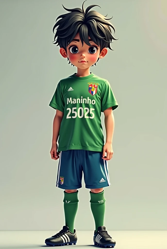 Create an image of a thirteen year old with black hair and small bangs. The is relatively high, wearing a green shirt with the name MANINHO and the number 25025 below the name MANINHO, blue pants, long green knee-high socks and Adidas F50 football boots.