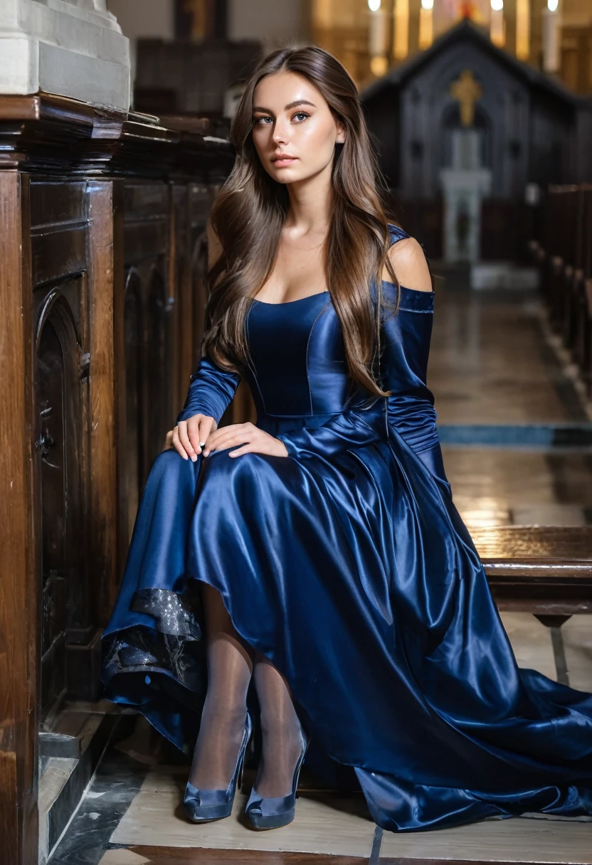 young brunette woman, beautiful eyes. long brown hair. Long dress made of shiny dark blue satin, Tights, 项链, transparent lip gloss, narrow building, Pretty, 2, Full body photo, long legs, Satin top, Sitting in a church and looking around, looks stunning. is enthusiastic. Beautiful shoes