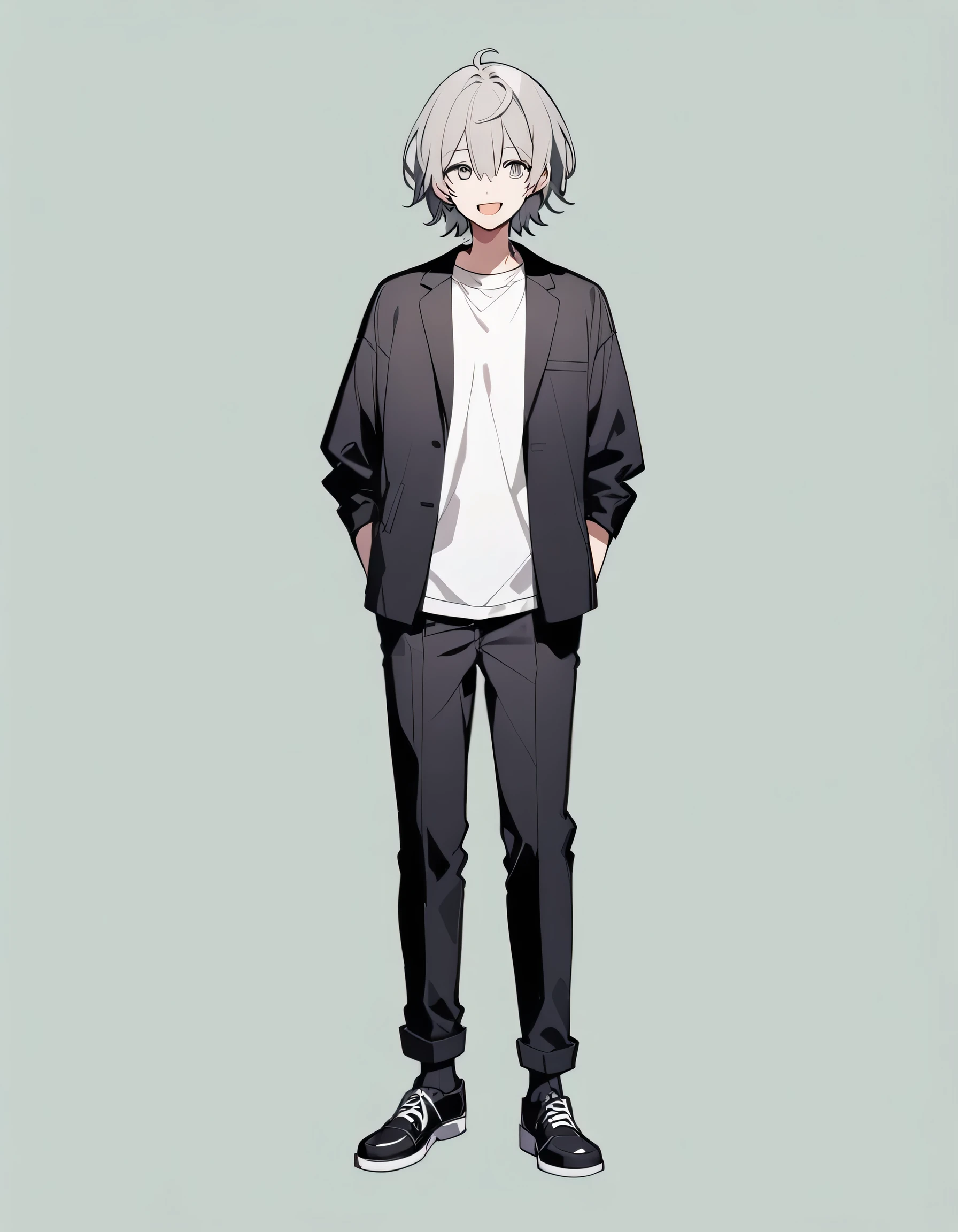 good looking, alone, 1 male, Medium Hair, White eyes, Gray Hair, Black jacket、White shirt, Shirt out、Black trousers、Bangs between the eyes, shoes、Front view、whole body、No Shadow、Smiling with wide open mouth、Green background