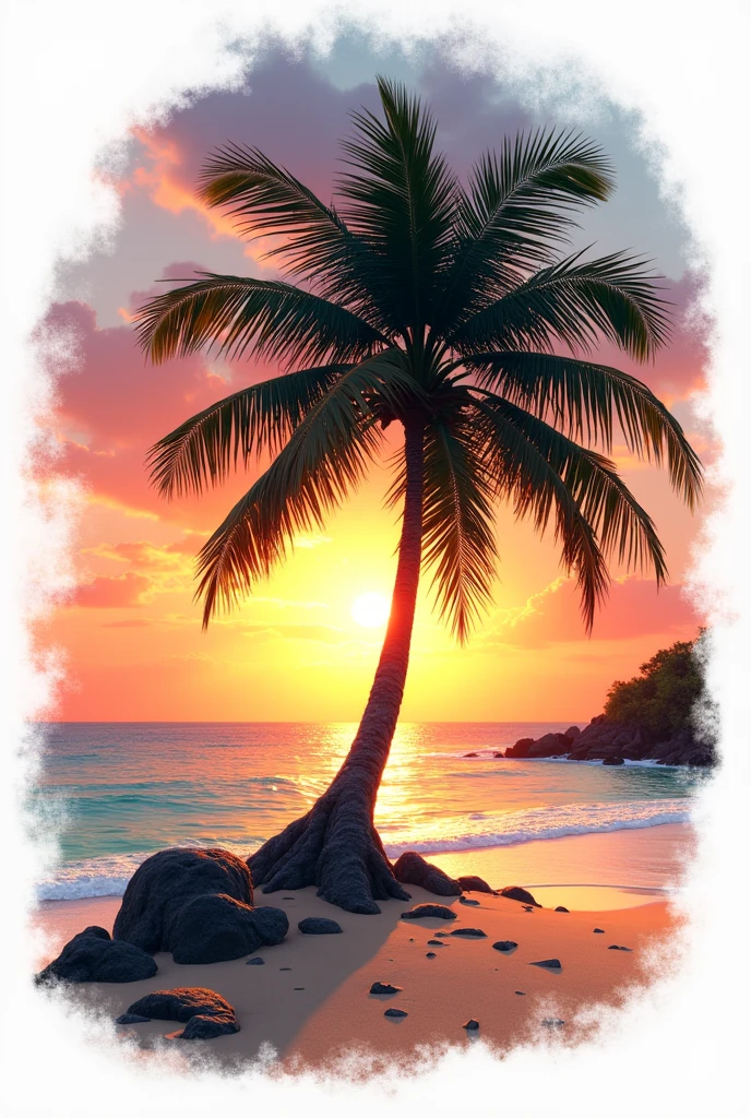 Realistic Logo with a palm tree on an sand island with sunset behind