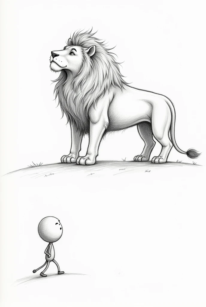 Make art as if it were drawn with a pencil, with simple dashes, of a stick figure looking up from below, to a giant, majestic lion above him