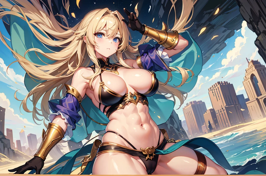 Amazoness, Full body portrait, (cave, Fighting monsters), Golden wavy hair, blue eyes, (Perfect Anatomy), (Perfect Eyes) 彼女の体型は非常にMuscularで豊満だ, Huge big breasts, Heavy chest, Abdominal musclesが割れている, Micro bikini with small cloth area, 大きなAbdominal muscles, ((She&#39;s holding a big axe)), Artwork, Lots of details, 8k, CG , Cinematic ,High resolution, masterpiece, masterpiece, Highest quality, ( Detailed skin texture, Super-detailed body: 1.1), (Highly detailed skin: 1.2), (Muscular, Muscular biceps, Abdominal muscles: 1.2)