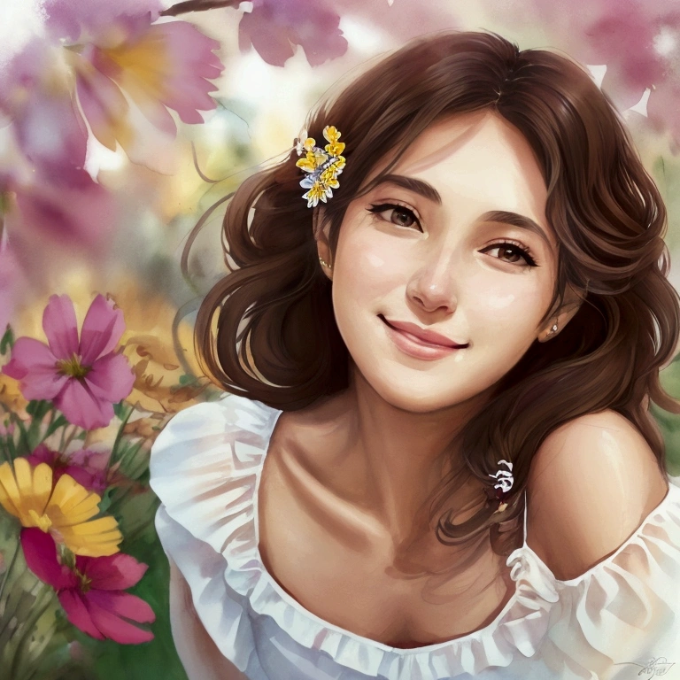 beautiful and delicate contemporary Brazilian woman in light flowing dress and shoulder length brown wavy hair, holding a bouquet of colorful wildflowers that cover the lower part of her face. Your brown eyes seem to smile. The background is a flowery pergola, Sunnyday. Play with perspective and layers. use colors and angles that give the impression of movement