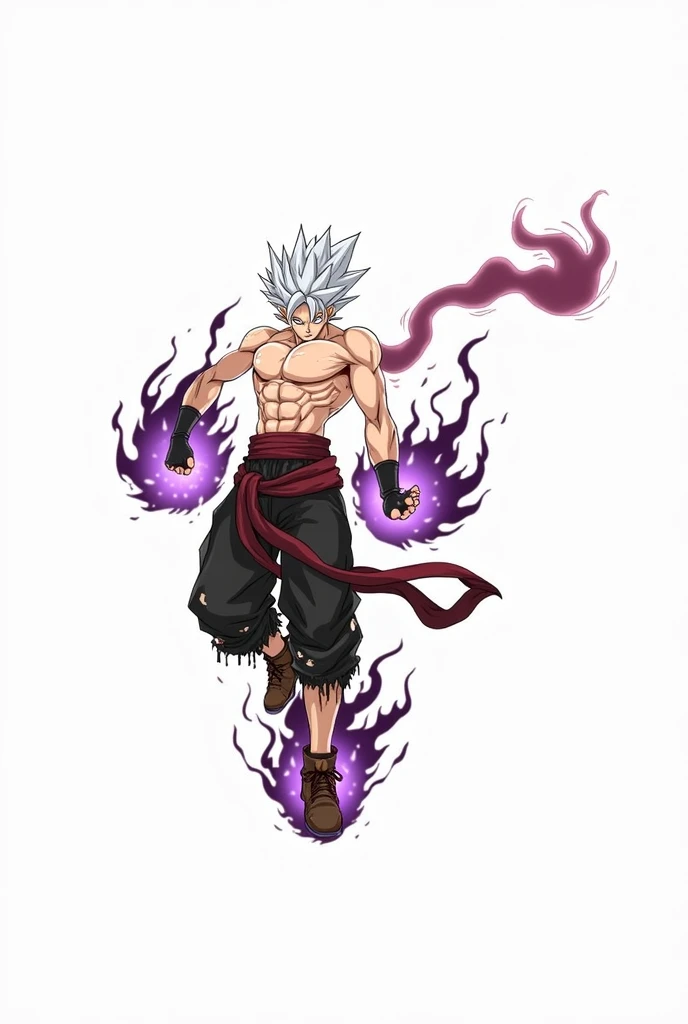 a powerful warrior character, in a anime style, with spiky white hair and glowing eyes. The character should have a muscular, bare-chested upper body, wearing loose, tattered black pants held up by a red sash around the waist. Surround the warrior with a dark, purplish-red energy aura that swirls chaotically around their hands and feet, giving a sense of fiery, dangerous power. The character's expression should be fierce and intense, conveying readiness for battle and an overwhelming sense of strength.