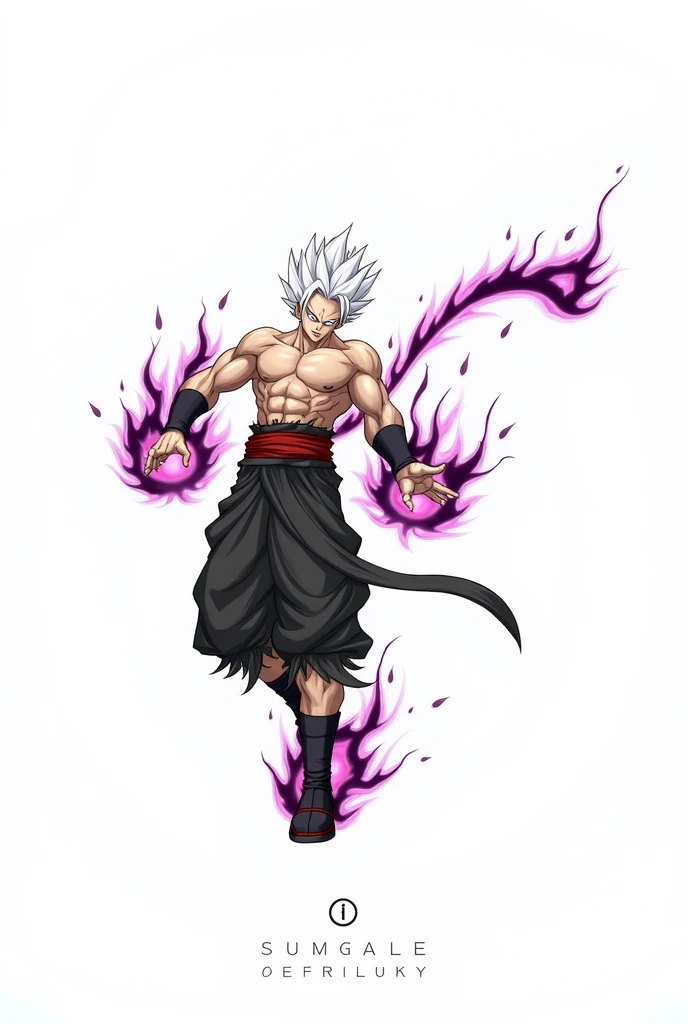 a powerful warrior character, in a anime style, with spiky white hair and glowing eyes. The character should have a muscular, bare-chested upper body, wearing loose, tattered black pants held up by a red sash around the waist. Surround the warrior with a dark, purplish-red energy aura that swirls chaotically around their hands and feet, giving a sense of fiery, dangerous power. The character's expression should be fierce and intense, conveying readiness for battle and an overwhelming sense of strength.
