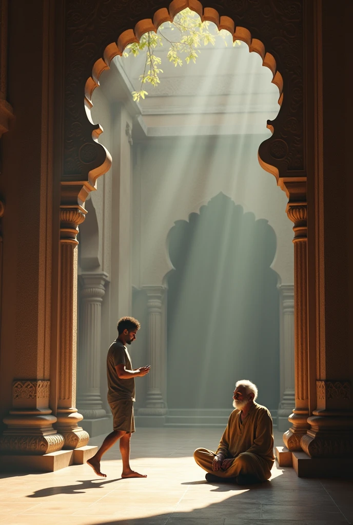 A young man busy with his mobile phone passes by a temple but is not paying attention. An old man meditates inside a Hindu temple