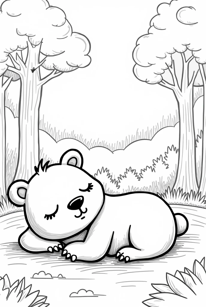coloring book of a bear sleeping, dreaming about flying in the huge forest, no color, cartoon style, thick lines, strokes only, white background