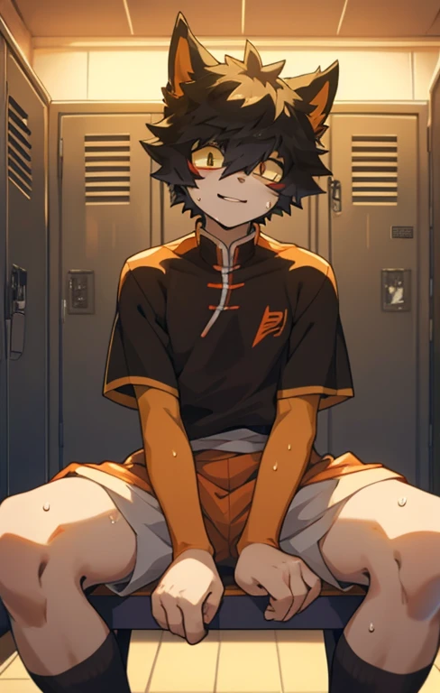 Aak,Sitting,masterpiece,in the locker room,Anime style,4k HD style,Looking at the audience,face,Open your legs,Sweating,Orange short sleeve top