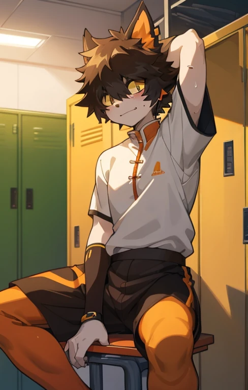 Aak，Sitting，masterpiece，in the locker room，Anime style，4k HD style，Looking at the audience，face，Open your legs，Sweating，Orange short sleeve top