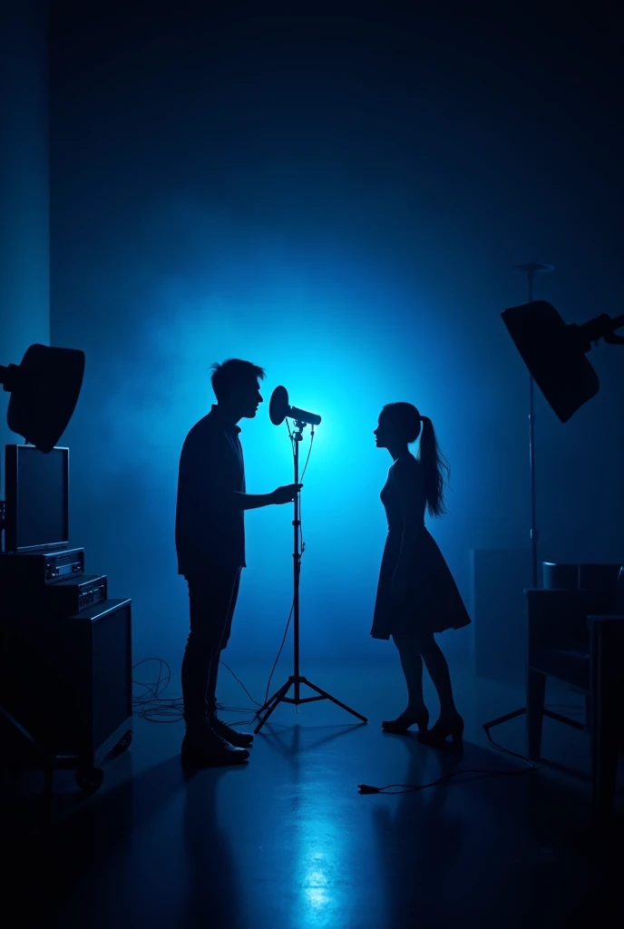 I only want the silhouette of a person in a studio recording and another one dancing, a girl dancing, but only put her silhouette and a studio in light blue . So that you understand more or less what I want is that on a black wall and in a dark room where everything is dark, a person has been illuminated by a blue light while he is recording and another one is dancing, but those people are not going to be seen, a silhouette is going to be seen and the outline is going to be the blue light and they are going to be inside a dark room.