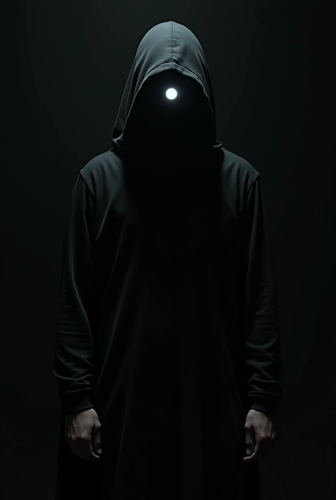 A totally dark man, with a dark turtleneck shirt, with dark sleeves, dark hands, and a white eye