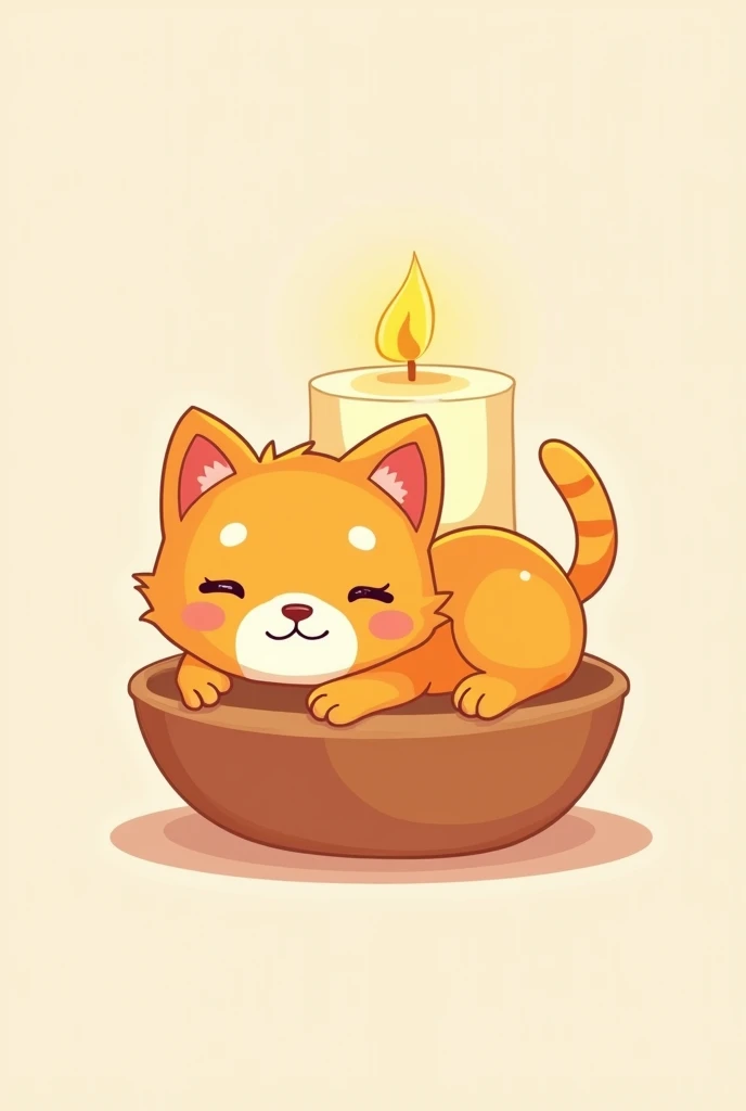 Logo for a candle business with an orange cartoon-style kitten where the candle is more dominant and the kitten is sleeping around it