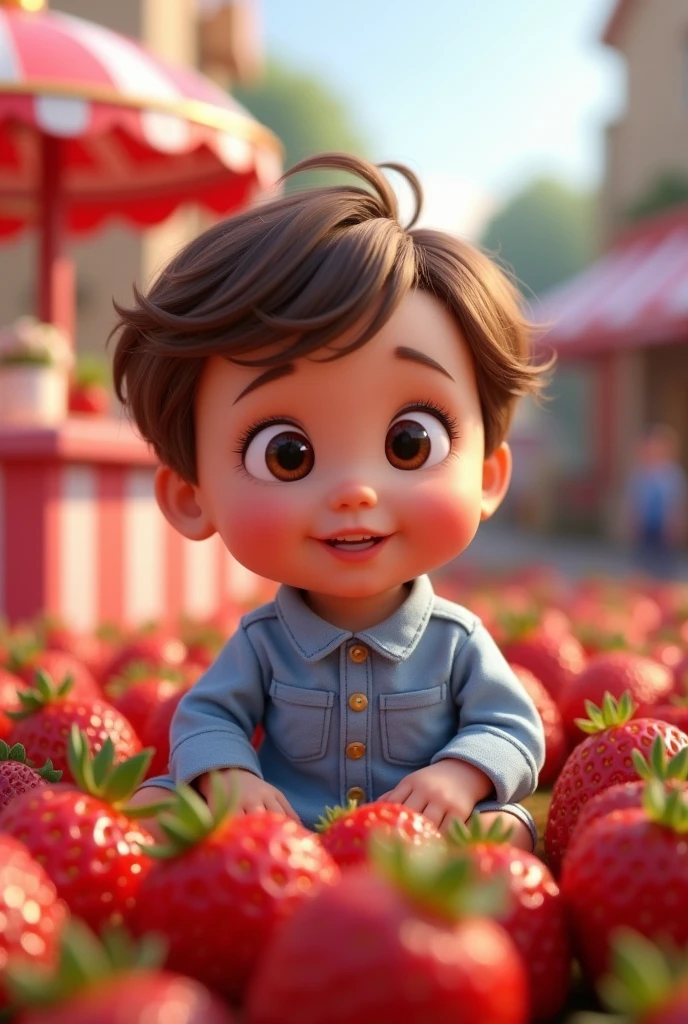 pixar animation: 1  boy, Wavy brown hair, Brown eyes, White skin, Light blue shirt dress Surrounded by lots of strawberries with a lively strawberry and cream stand 