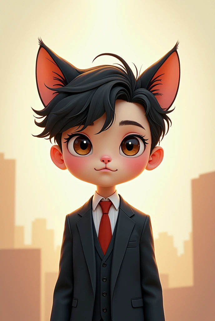 
2d animated pic of boy cat human eye brown lips small hair on chin 
and  black hair .human body  stylish hair