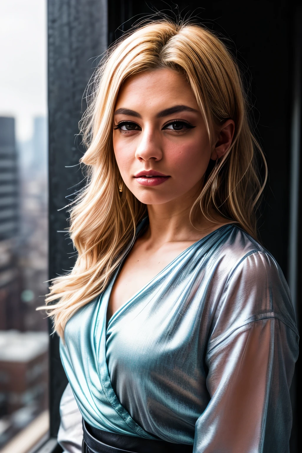 photo of beautiful (EPT4mmyH3mbr0w:0.99), a woman in ( fantastic scenery, rooftop, rain :1.1), perfect hair, wearing ( Wrap blouse  :1.2), modelshoot style, (extremely detailed CG unity 8k wallpaper), professional majestic (photography by walker evans  :1.1), ( Canon EOS R Mirrorless Camera ), 24mm, exposure blend, hdr, faded, extremely intricate, High Detail, Sharp focus, dramatic, soft cinematic light, (looking at viewer), (detailed pupils), cute smile, 24mm, 4k textures, soft cinematic light, adobe lightroom, photolab, elegant, ((((cinematic look)))), soothing tones, insane details, hyperdetailed, low contrast, ("I've got a bad feeling about this.":1.1),