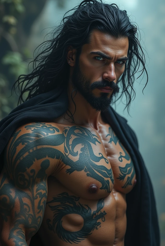 A big man. Very handsome, Full lips, straight nose, and a finely trimmed beard and mustache. Light blue eyes and messy and long black hair. Dragon and a long variety of tatoos