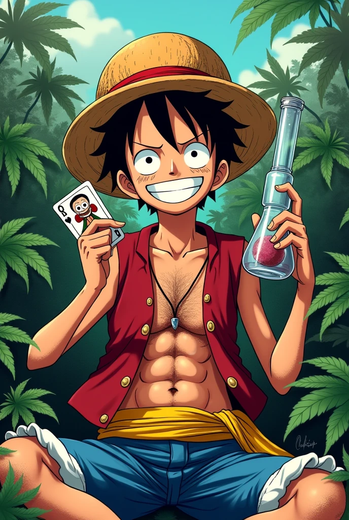 Make the one piece main character luffy holding a bong and a joker card on her other hand and add a cannabis plant background 