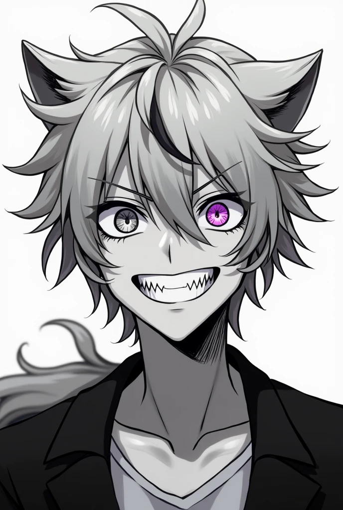 Create a monochrome character for me., One eye is purple, and the other one is gray, his hair is grey with a small black streak, he makes him smile with wolf fangs, the character is male and I want, so that it would be in the anime genre